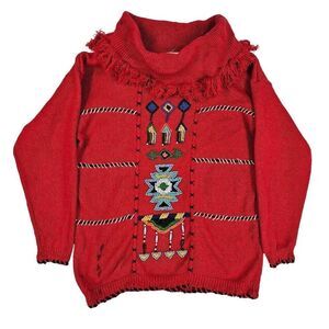 Vintage 80s Victoria Jones Aztec Fringe Cowlneck Sweater Red L